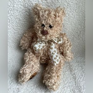 Sugar Bears Tan Curly Plush Bear Stuffed Animal Toy w Paw Print Bow